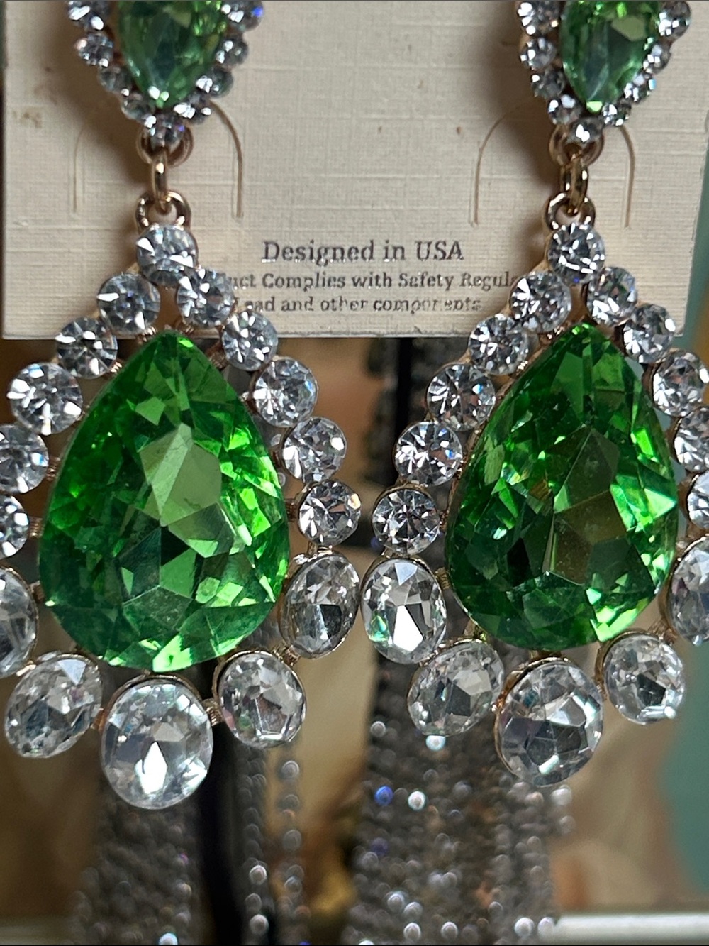 Green Crystal Teardrop Statement Earrings